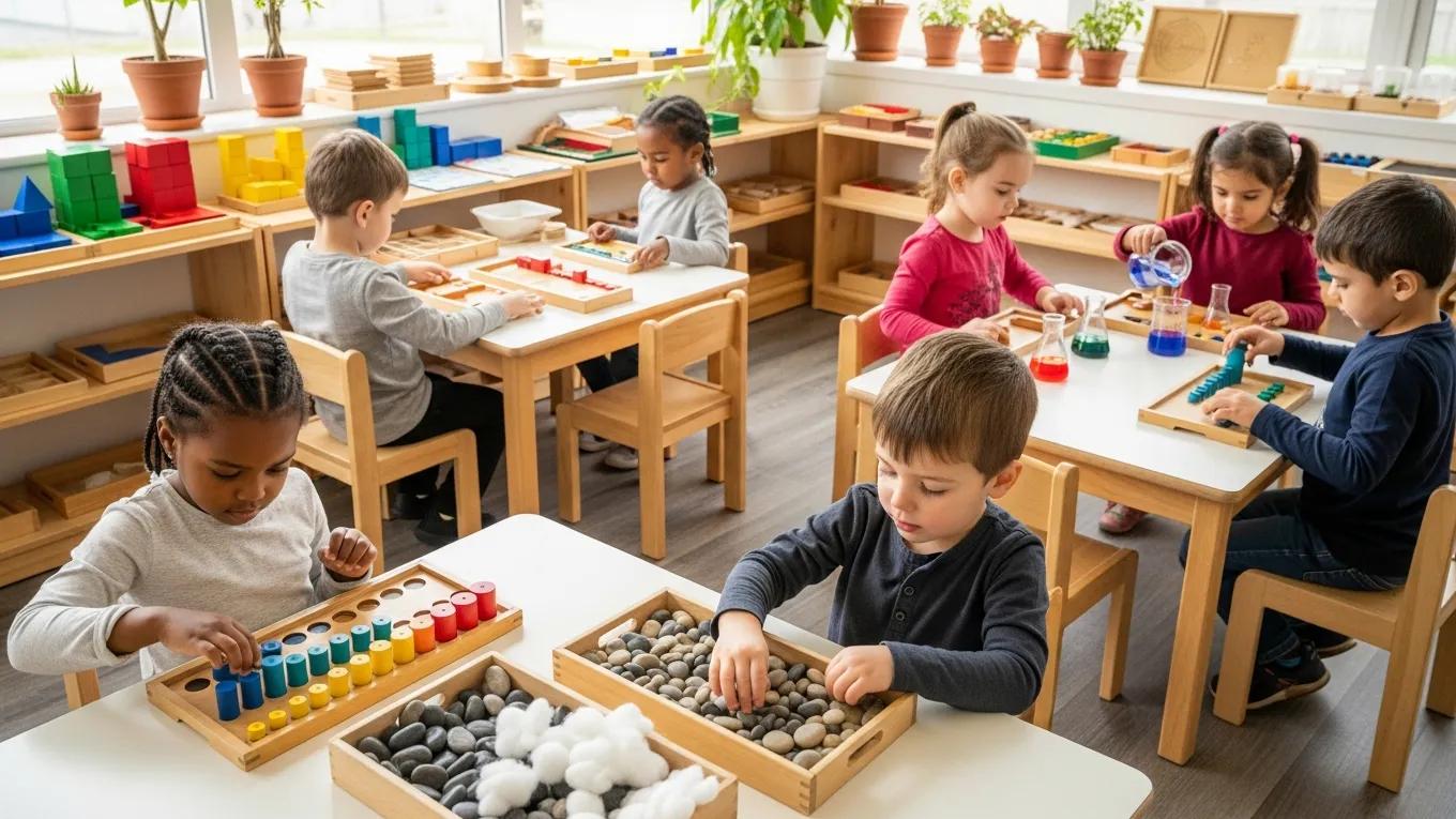 Children using sensorial materials to explore texture, shape, and color, supporting observation and classification