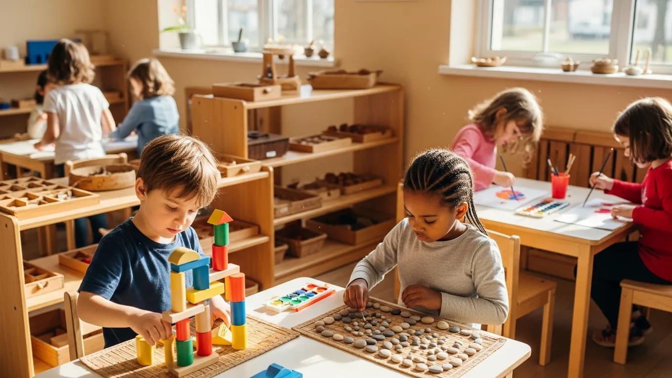 Children working with Montessori materials in a hands-on learning activity