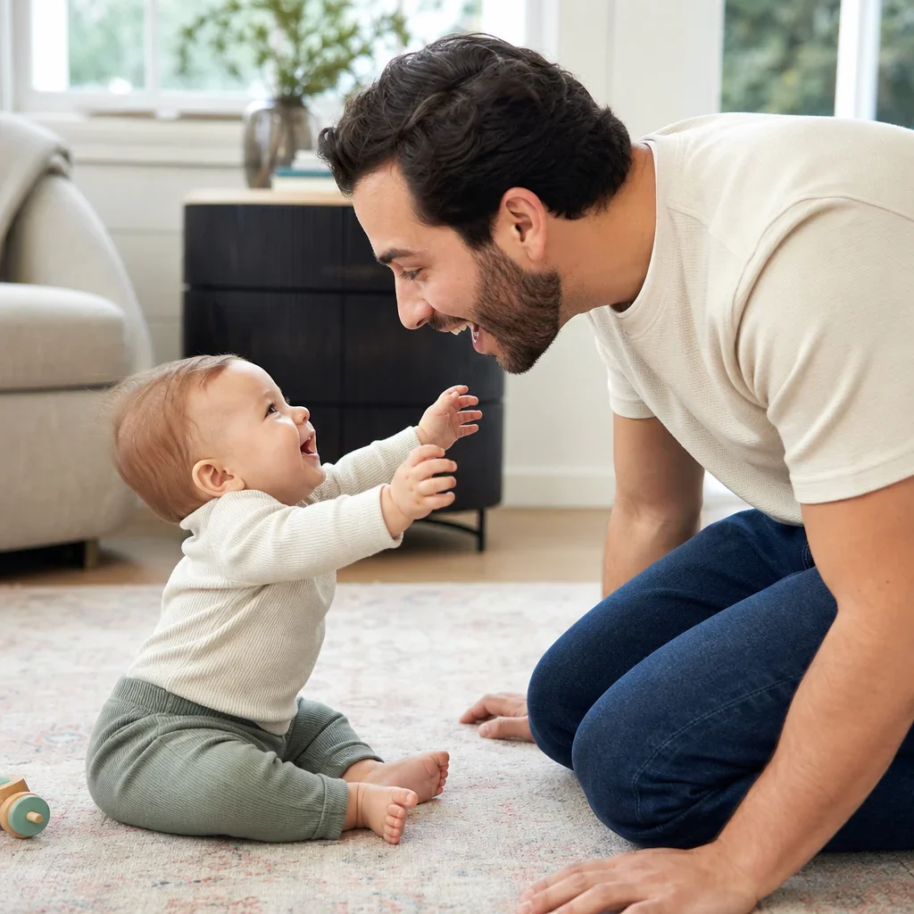 A parent and baby share a playful, face-to-face moment showing smiling and attention.