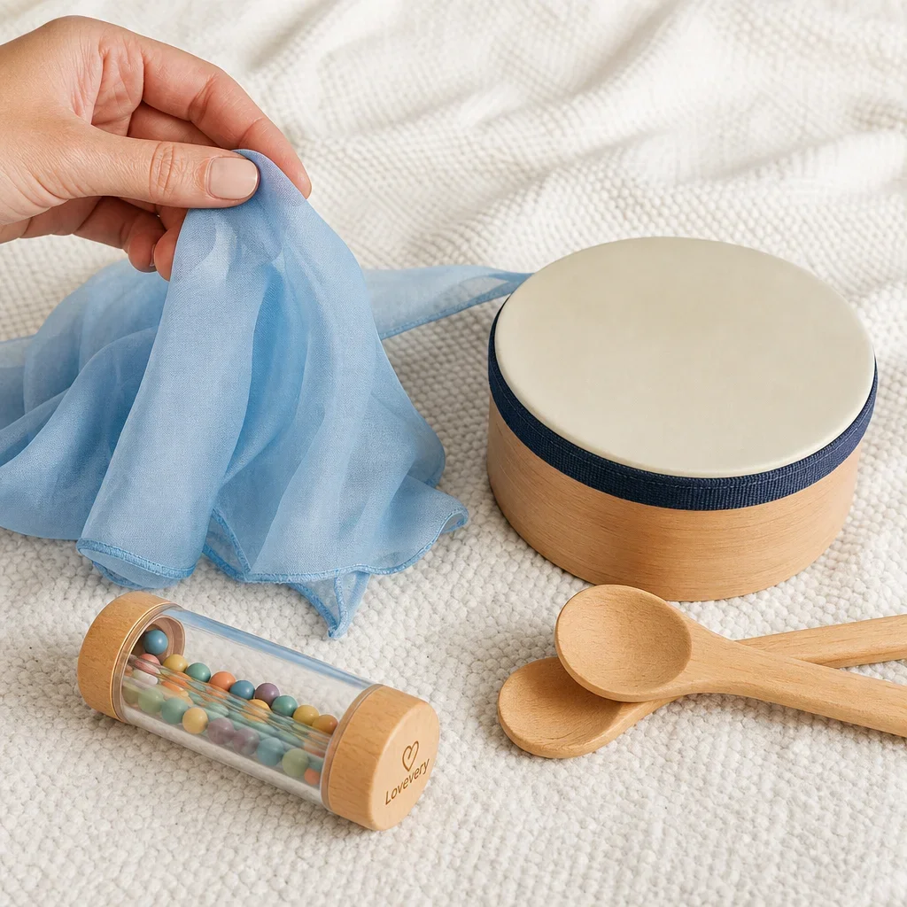 Baby-safe music props including a sealed shaker, scarf, drum, and wooden spoons.