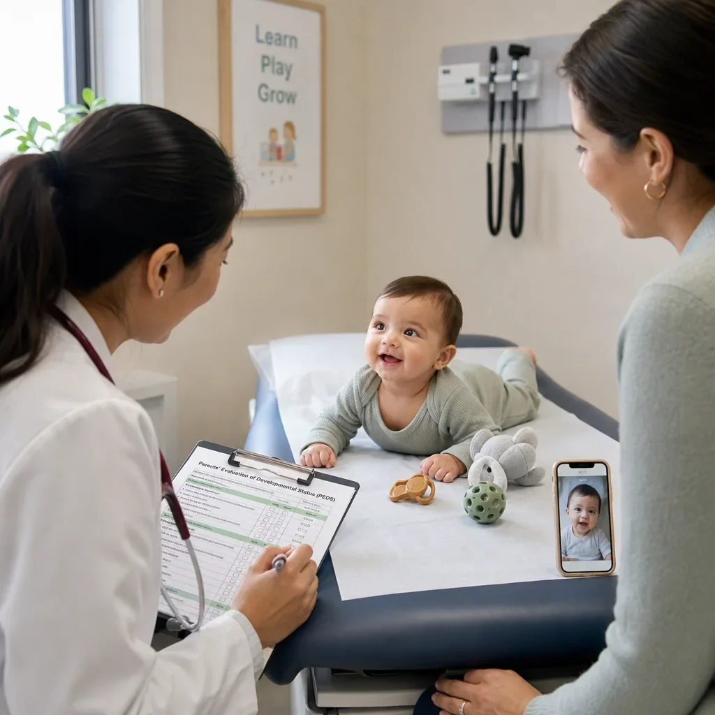 Pediatrician observing an infant during a developmental screening visit with a parent present.