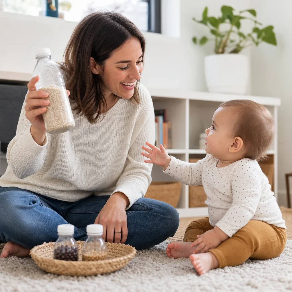 Caregiver and infant using a simple homemade shaker activity at home.