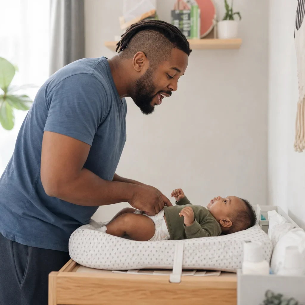 Parent singing to a baby during a diaper change.