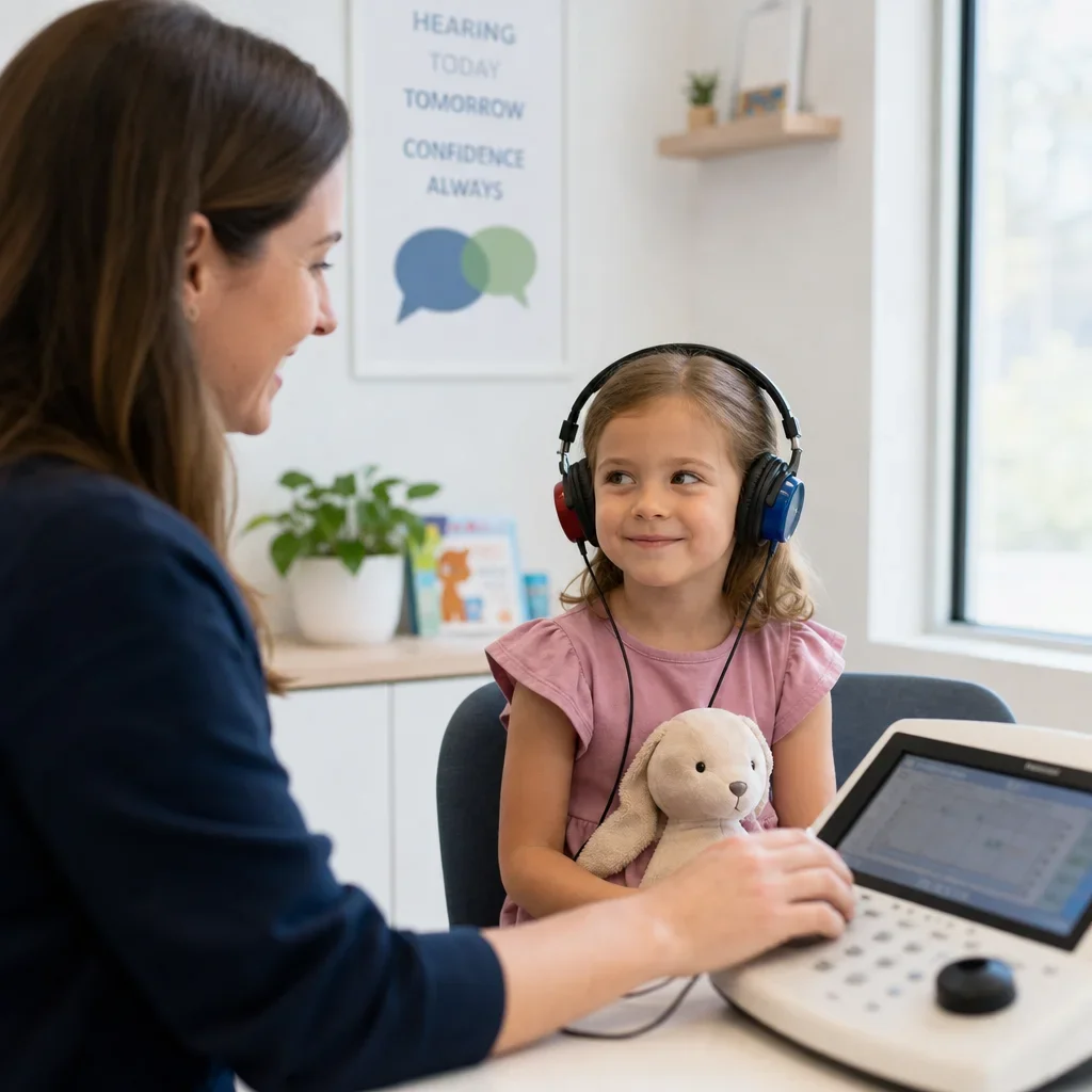 A child at a hearing screening that supports communication assessment.