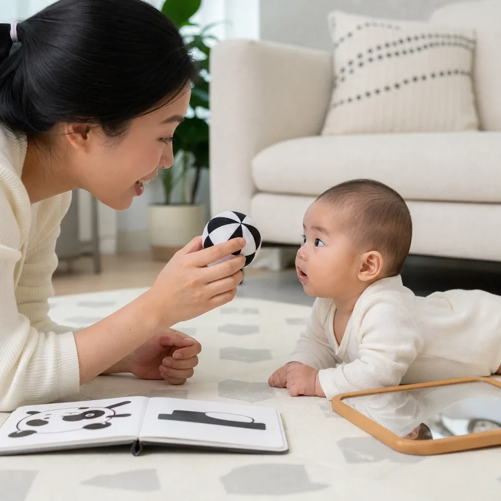 Parent supporting infant development at home with tummy time, toys, and a book.