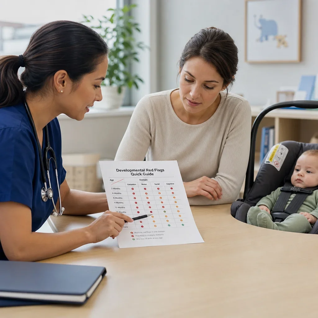 Clinician and parent reviewing infant developmental red flags on a checklist.