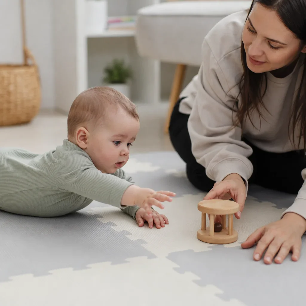 An infant reaching for a toy during floor play while a caregiver guides the activity.