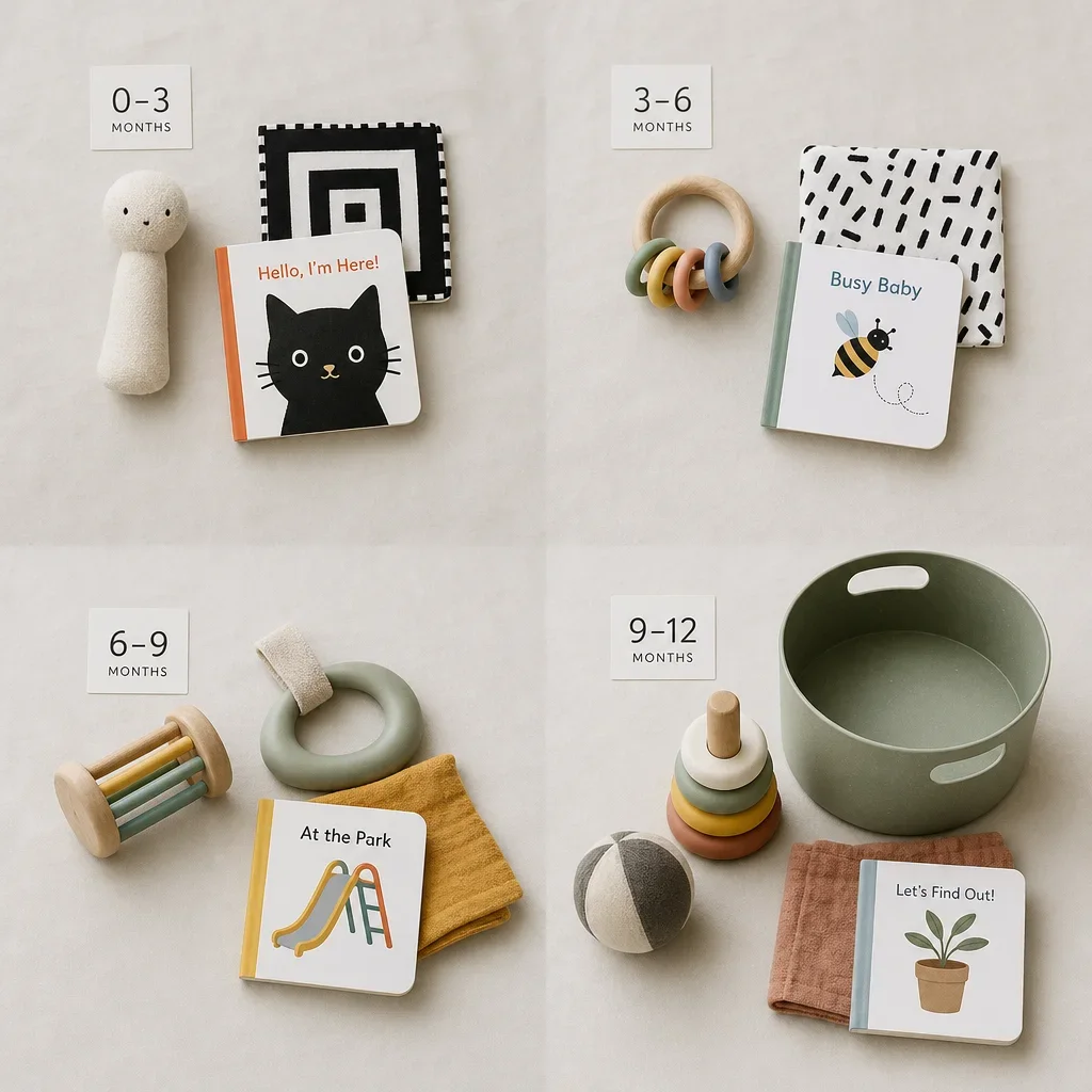 A flat lay of infant play materials arranged to suggest different fine motor stages by age.