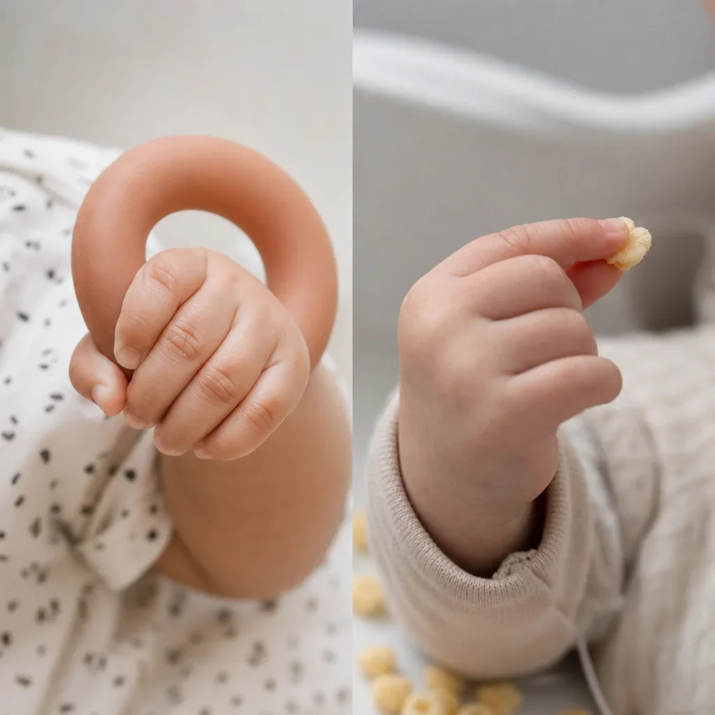 Two infant hand close-ups showing palmar grasp and early pincer grasp.