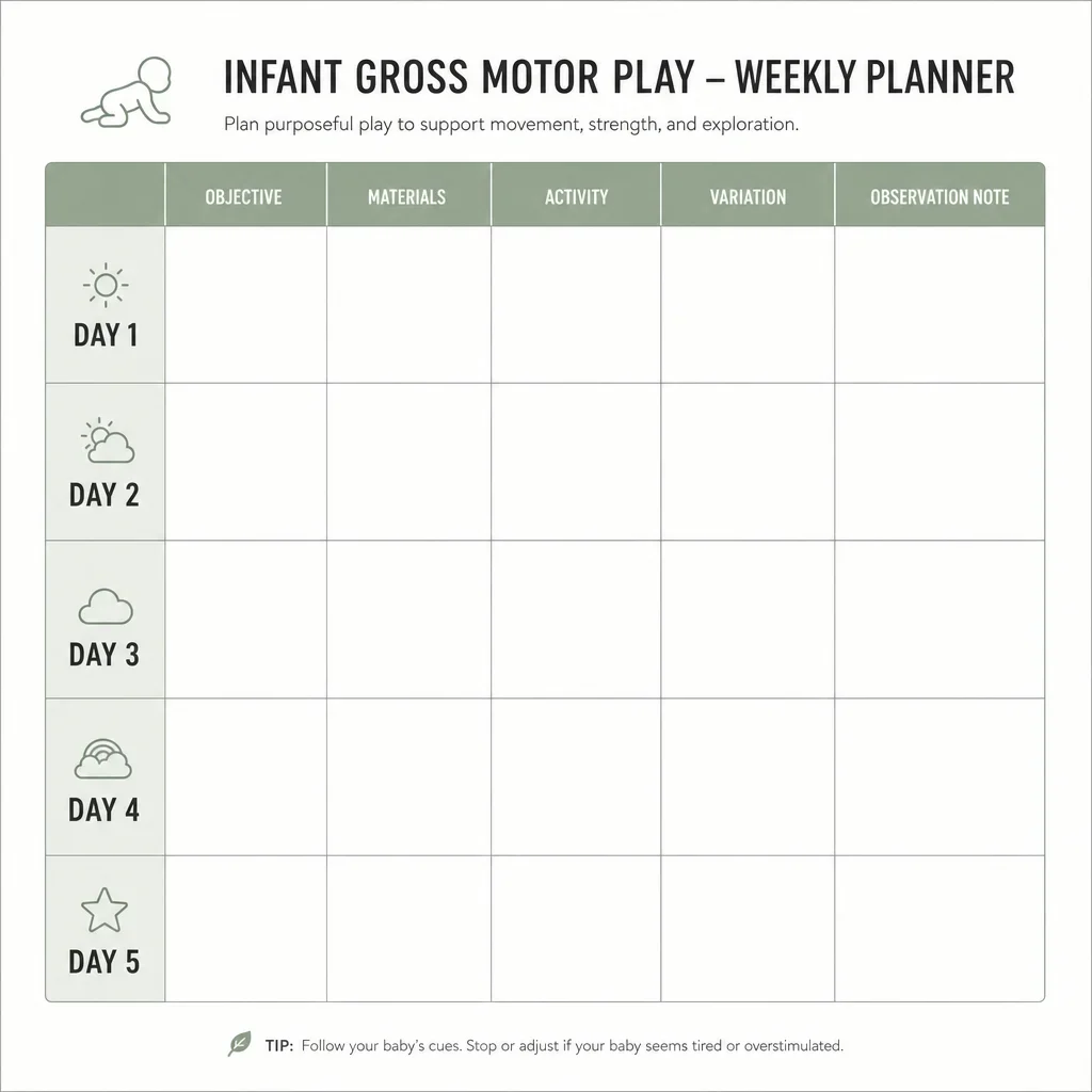 A weekly lesson plan table for infant gross motor activities.