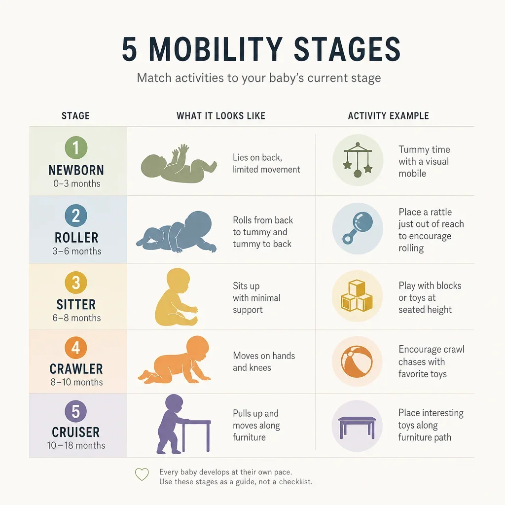 A comparison chart matching infant mobility stages with suitable gross motor activities.