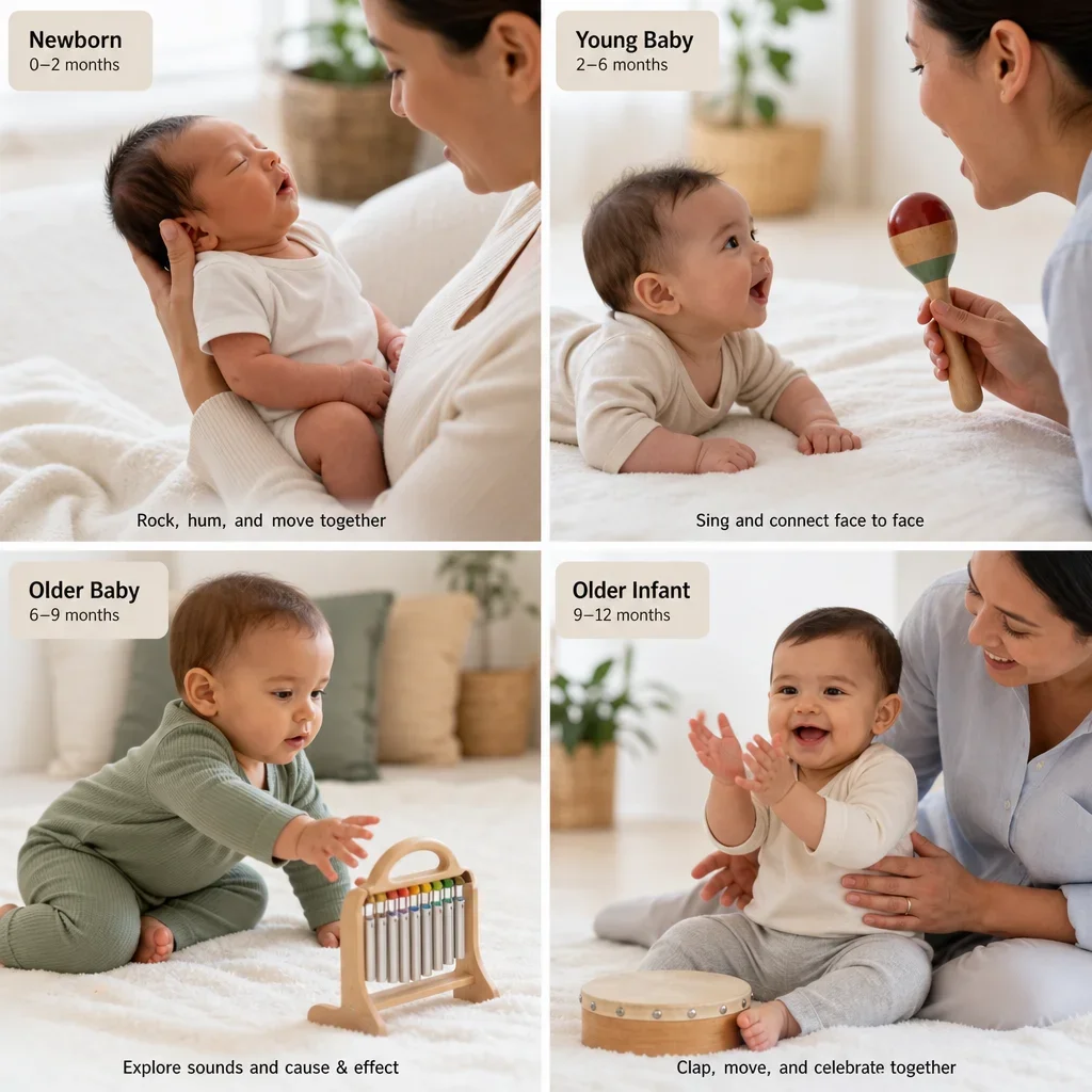 Four age-based infant music and movement activities shown in one composed scene.