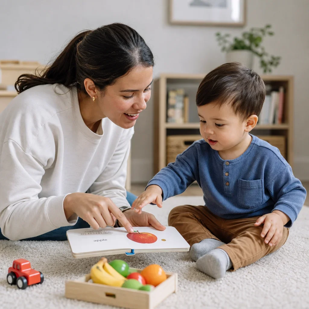 A caregiver and toddler using books and play to build language.