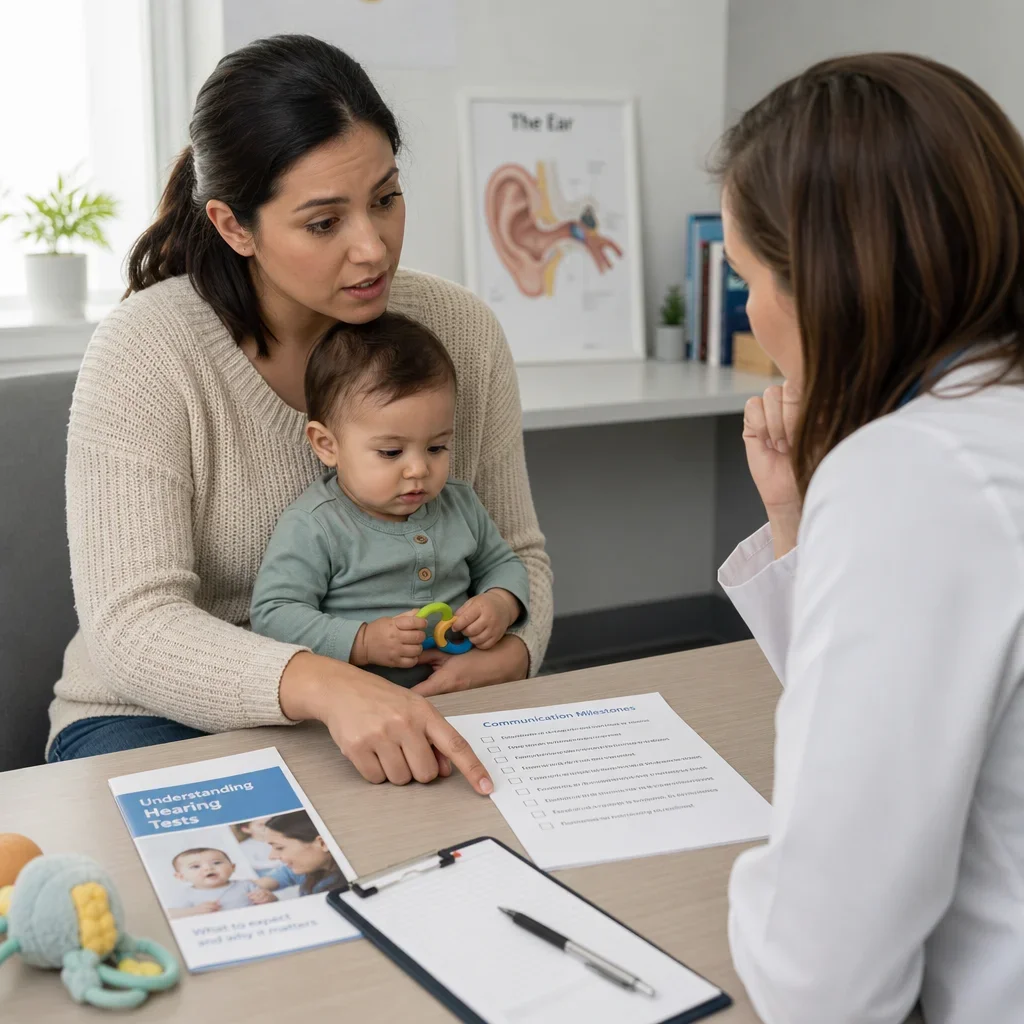 A parent discussing language delay red flags with a clinician.