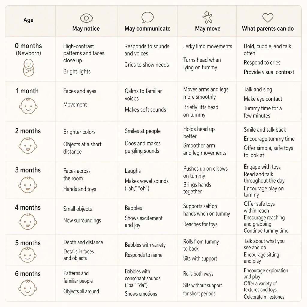 A clean milestone chart summarizing newborn brain development from birth to 6 months.