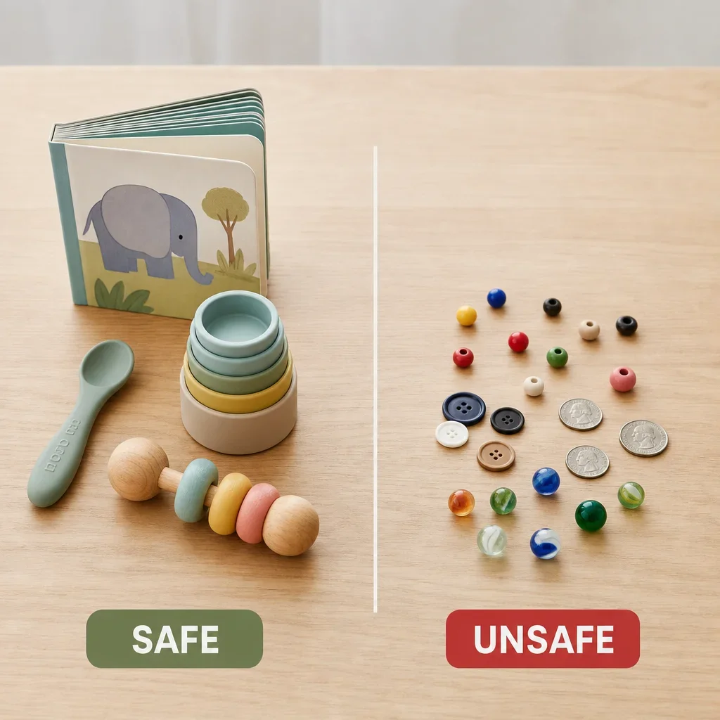 Safe infant play items displayed separately from small choking hazards.