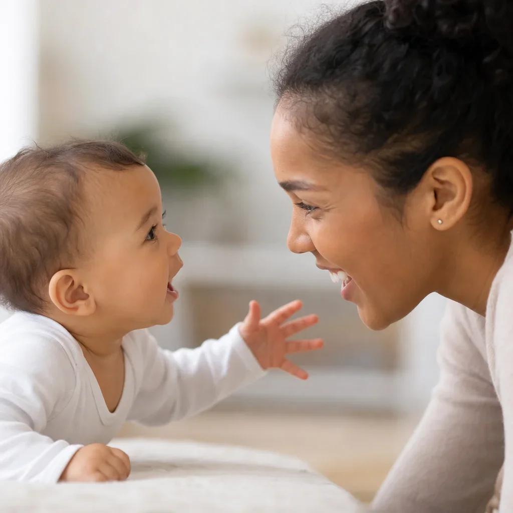 A caregiver and baby sharing a responsive back-and-forth interaction.