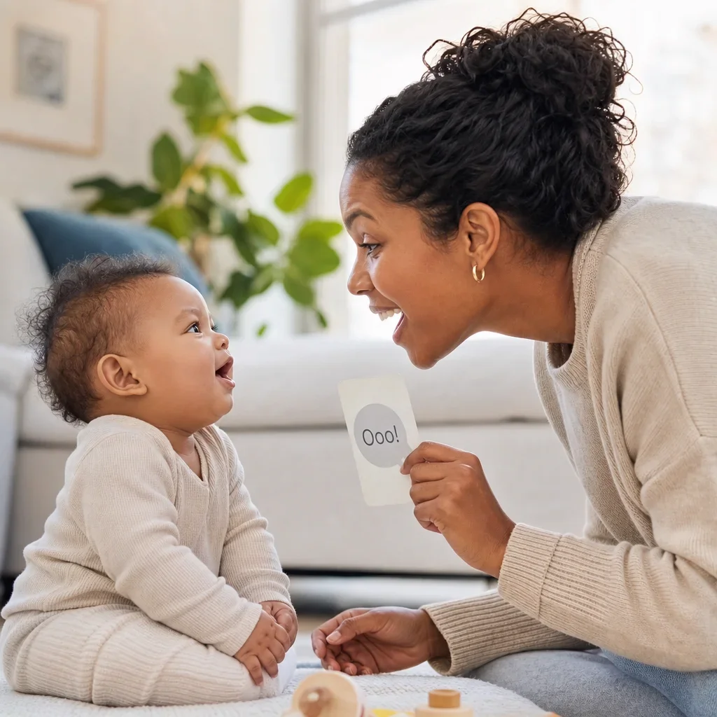 A parent and baby sharing a back-and-forth language interaction.