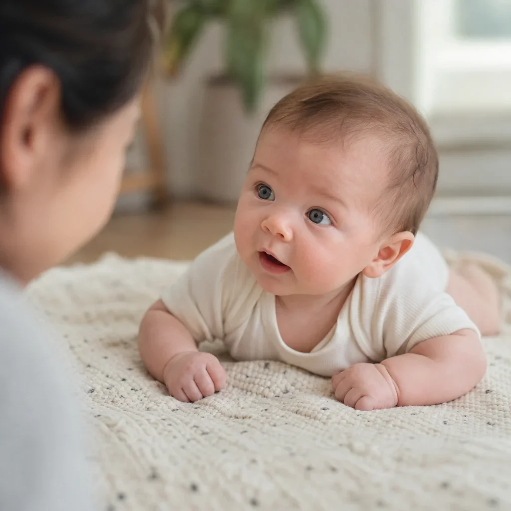 A 6-week-old baby doing tummy time and looking toward a caregiver.