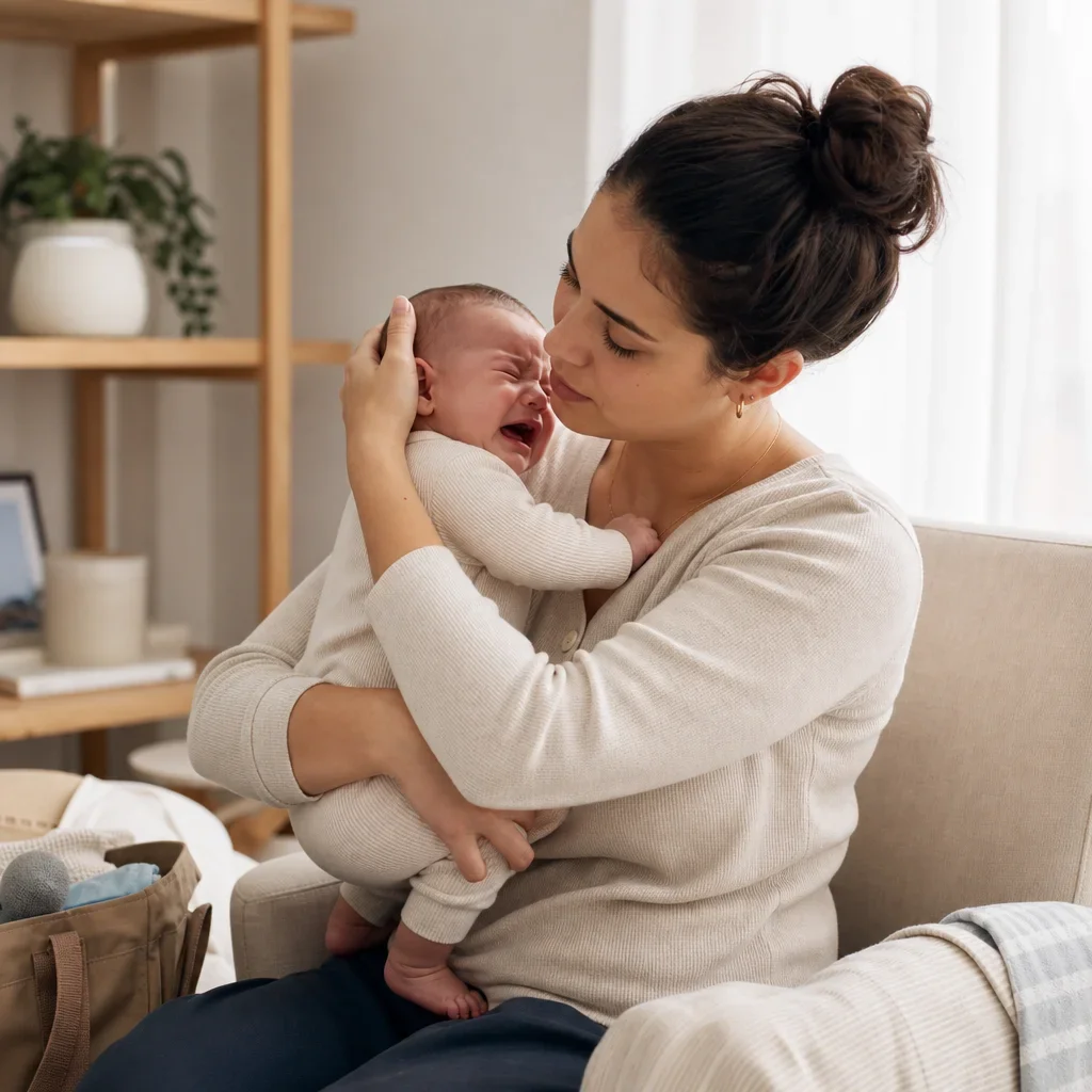A caregiver calmly soothes a crying baby in a quiet home setting.