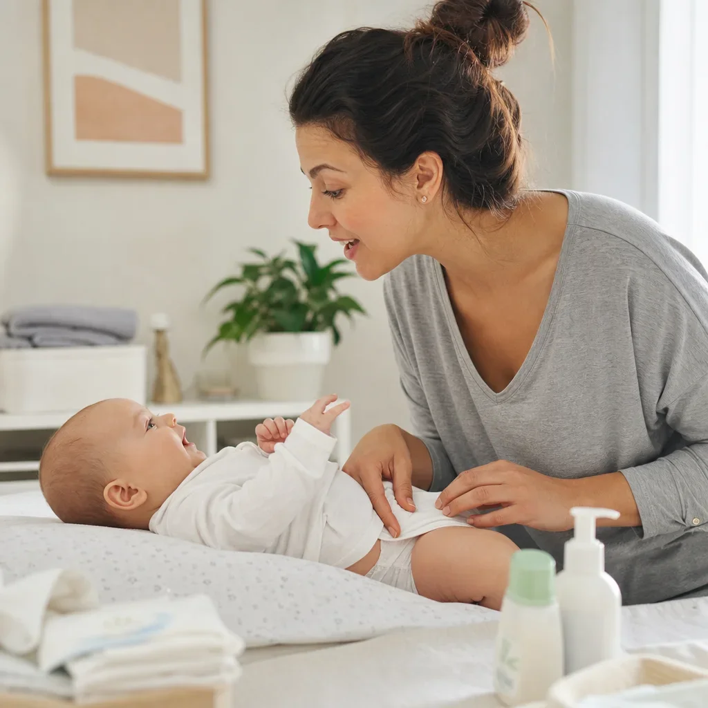 A parent supporting language development during a daily caregiving routine.