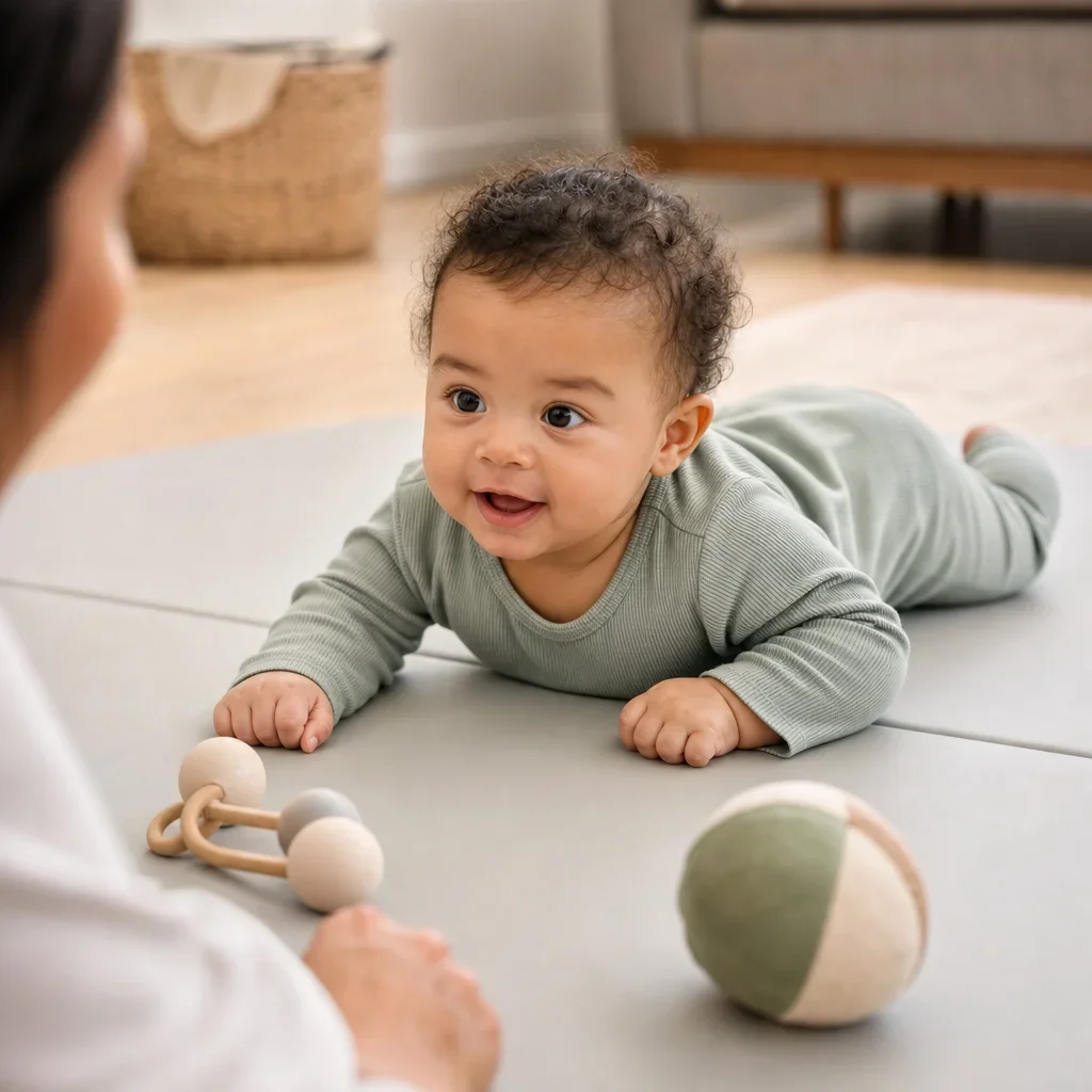 A baby doing supervised tummy time on a floor mat with nearby toys.