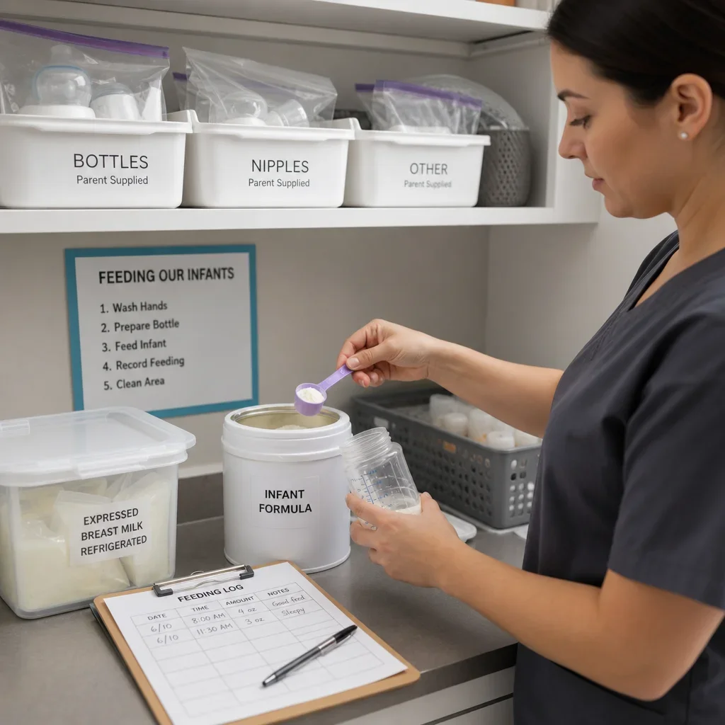 An organized infant daycare feeding station with labeled bottles and milk storage.