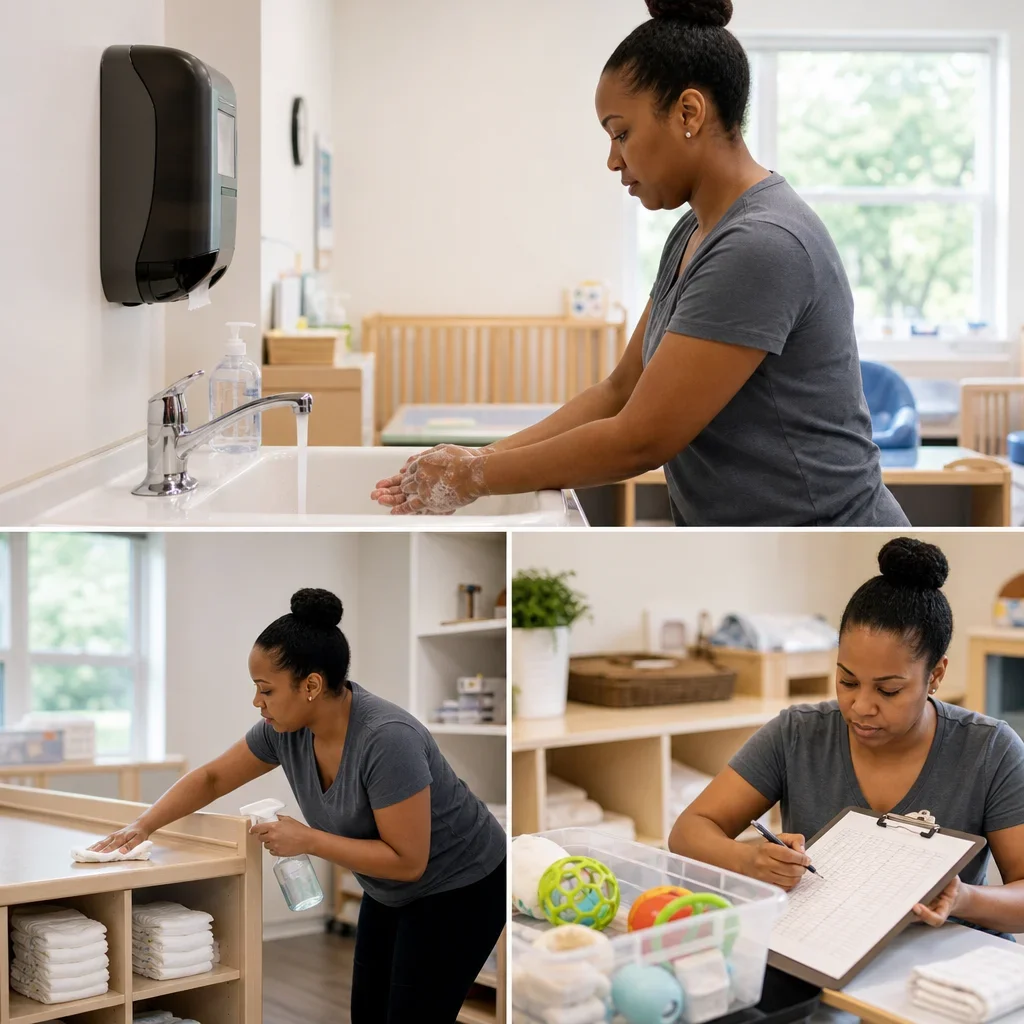 A caregiver maintaining hygiene at an infant daycare changing and handwashing area.