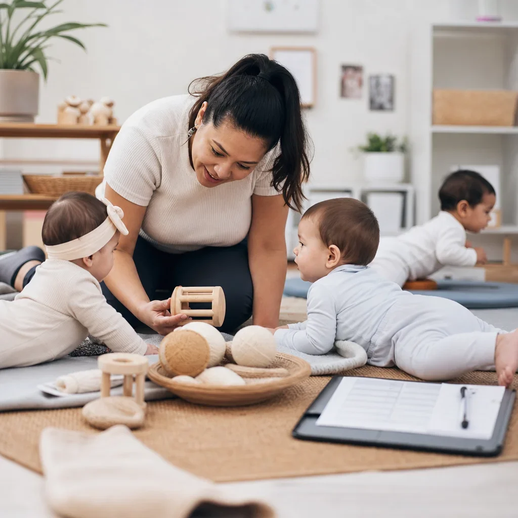 A caregiver supporting infant tummy time and sensory play in a Montessori-style classroom.