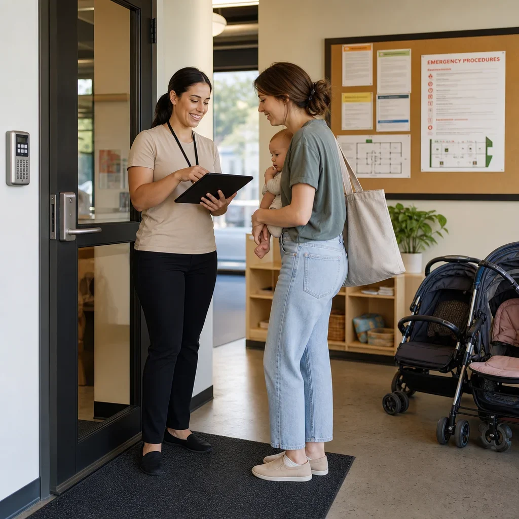 A secure infant daycare entrance where a caregiver verifies an authorized pickup adult.