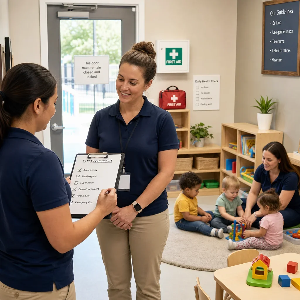 Childcare staff reviewing safety and supervision procedures in a licensed centre.