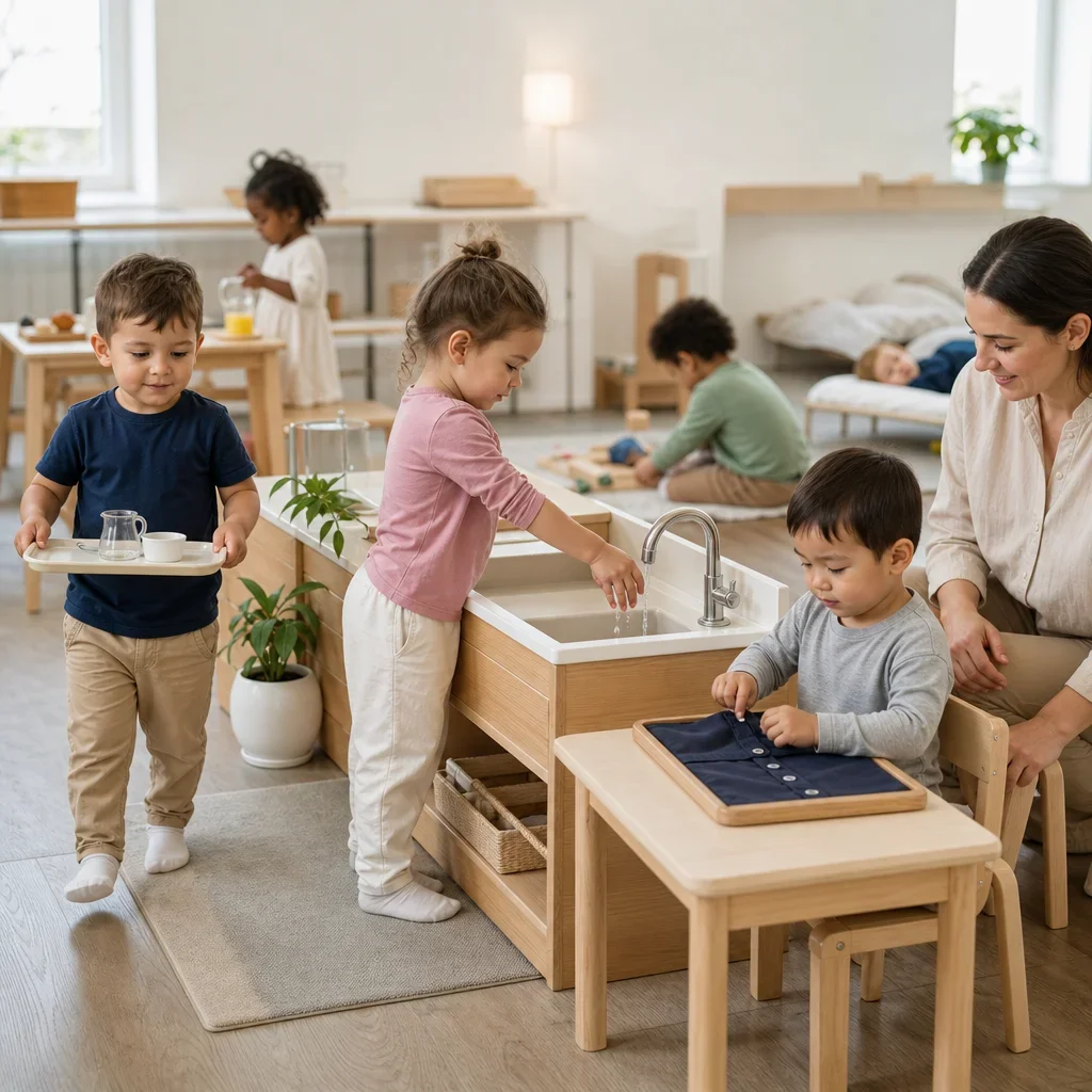 Toddlers doing calm Montessori activities during a structured school day.