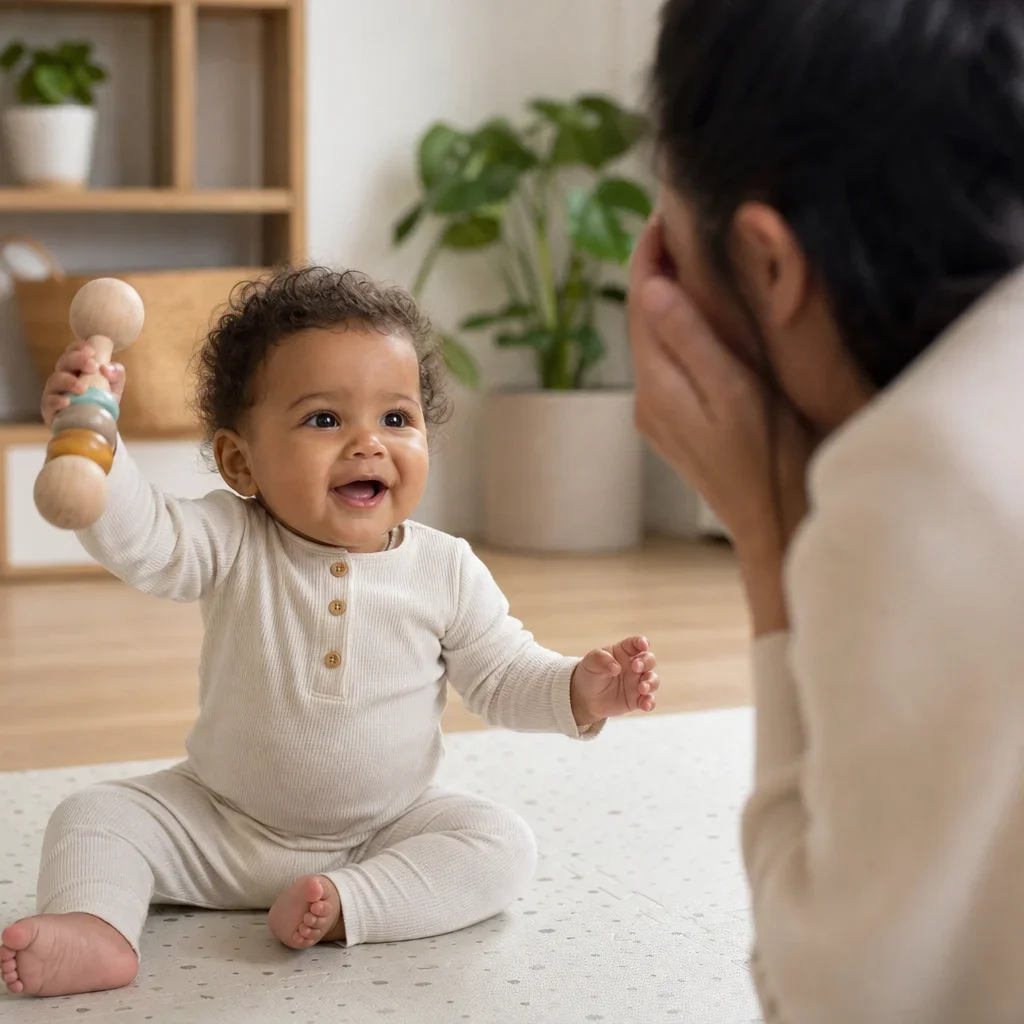 Infant reaching for a rattle on a play mat during interactive play.