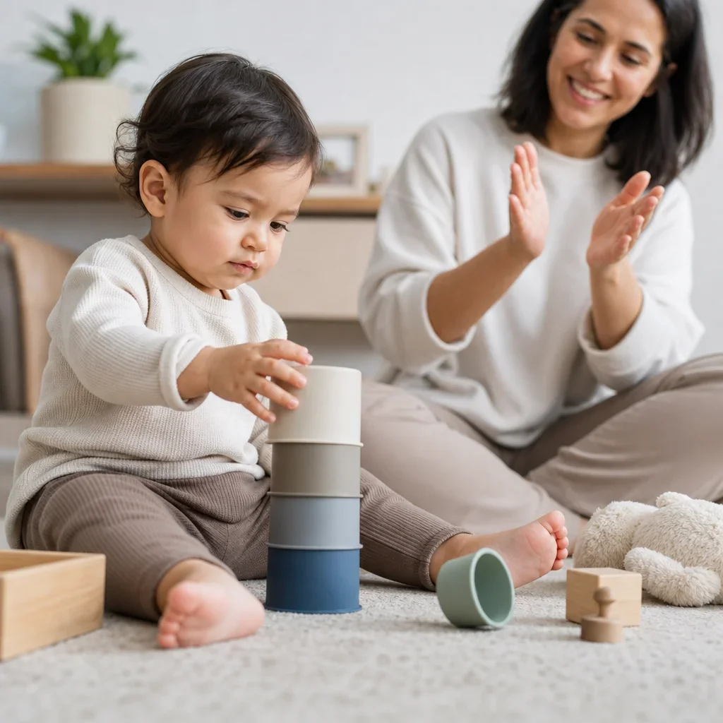 Older infant stacking cups while a caregiver demonstrates an action nearby.
