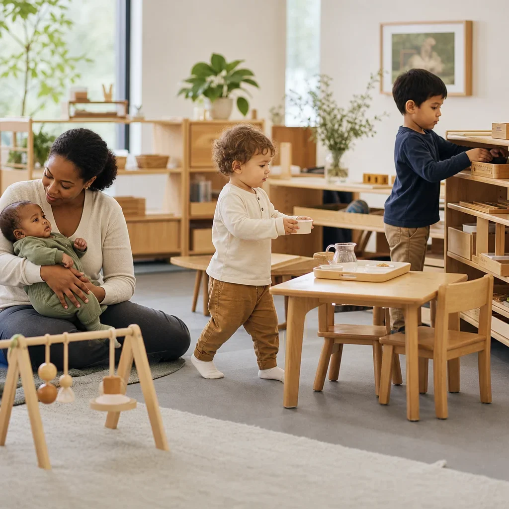 A Montessori classroom scene showing transition support across infant, pre-casa, and casa ages.