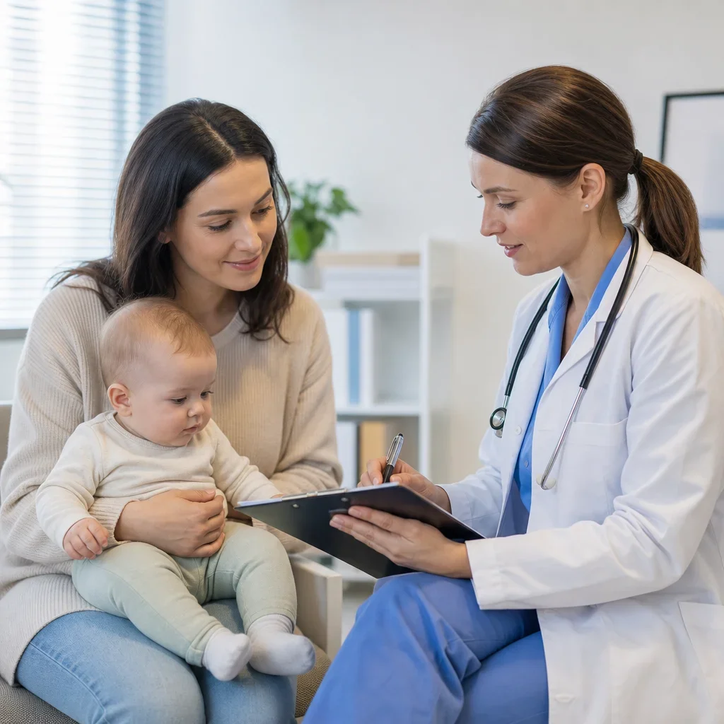Parent discussing a baby's development with a doctor in a calm clinic setting.