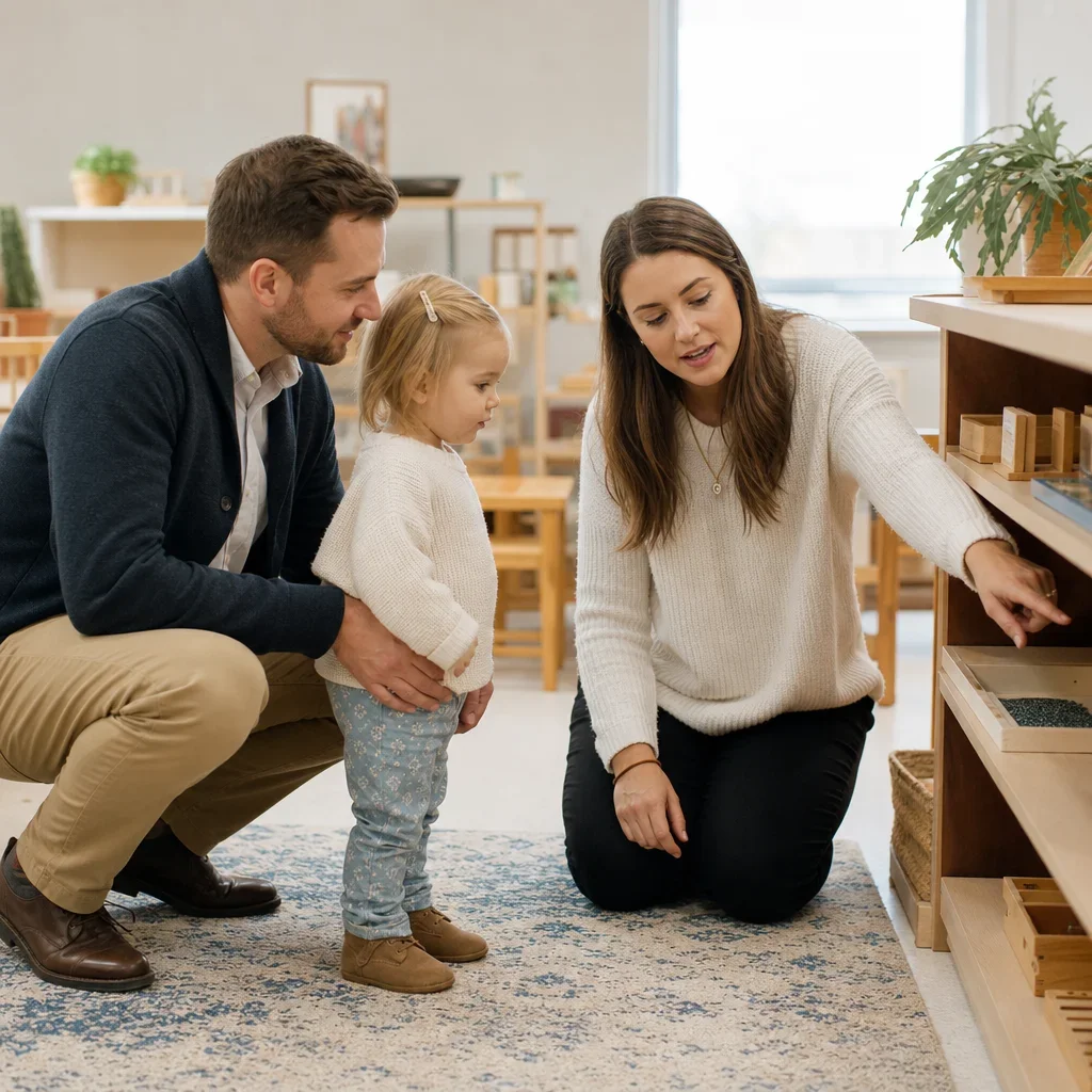 A parent and educator observing a toddler in a Montessori classroom during a visit.