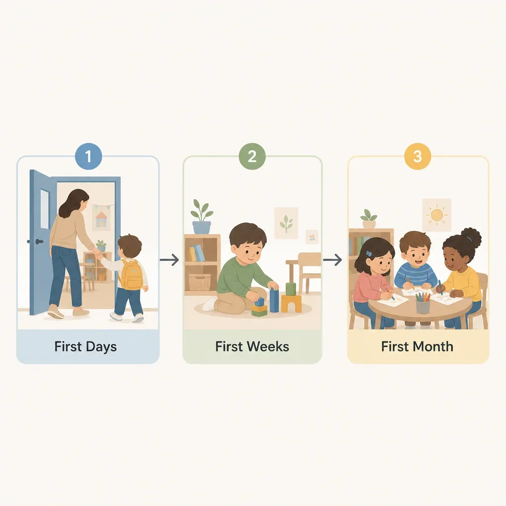 A three-stage timeline showing the first days, first weeks, and first month of daycare adjustment.