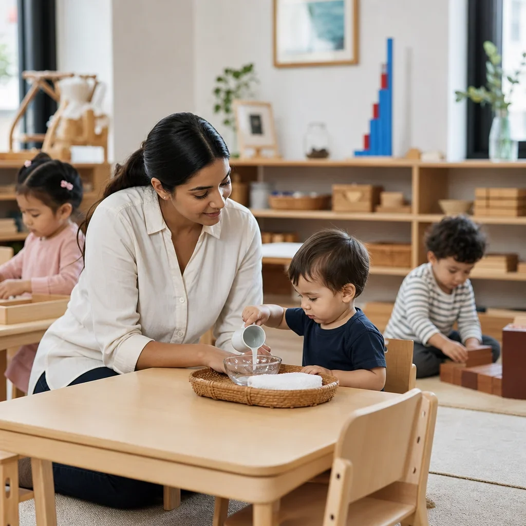 An educator calmly guiding a toddler in a Montessori classroom.