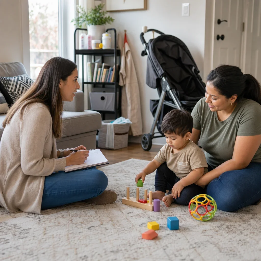 Clinician observing a child and speaking with a parent during a home visit.
