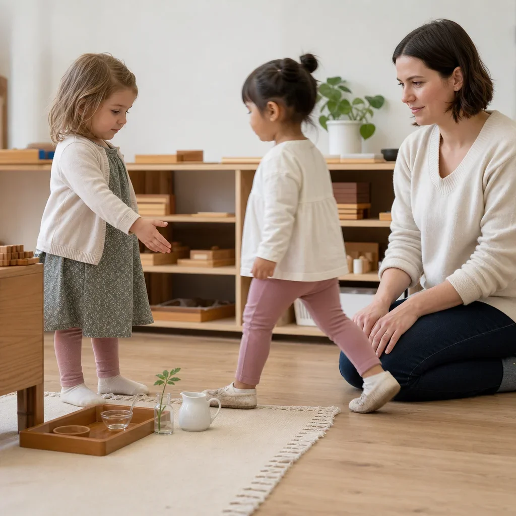 Toddlers practicing turn-taking and polite movement in a Montessori classroom.