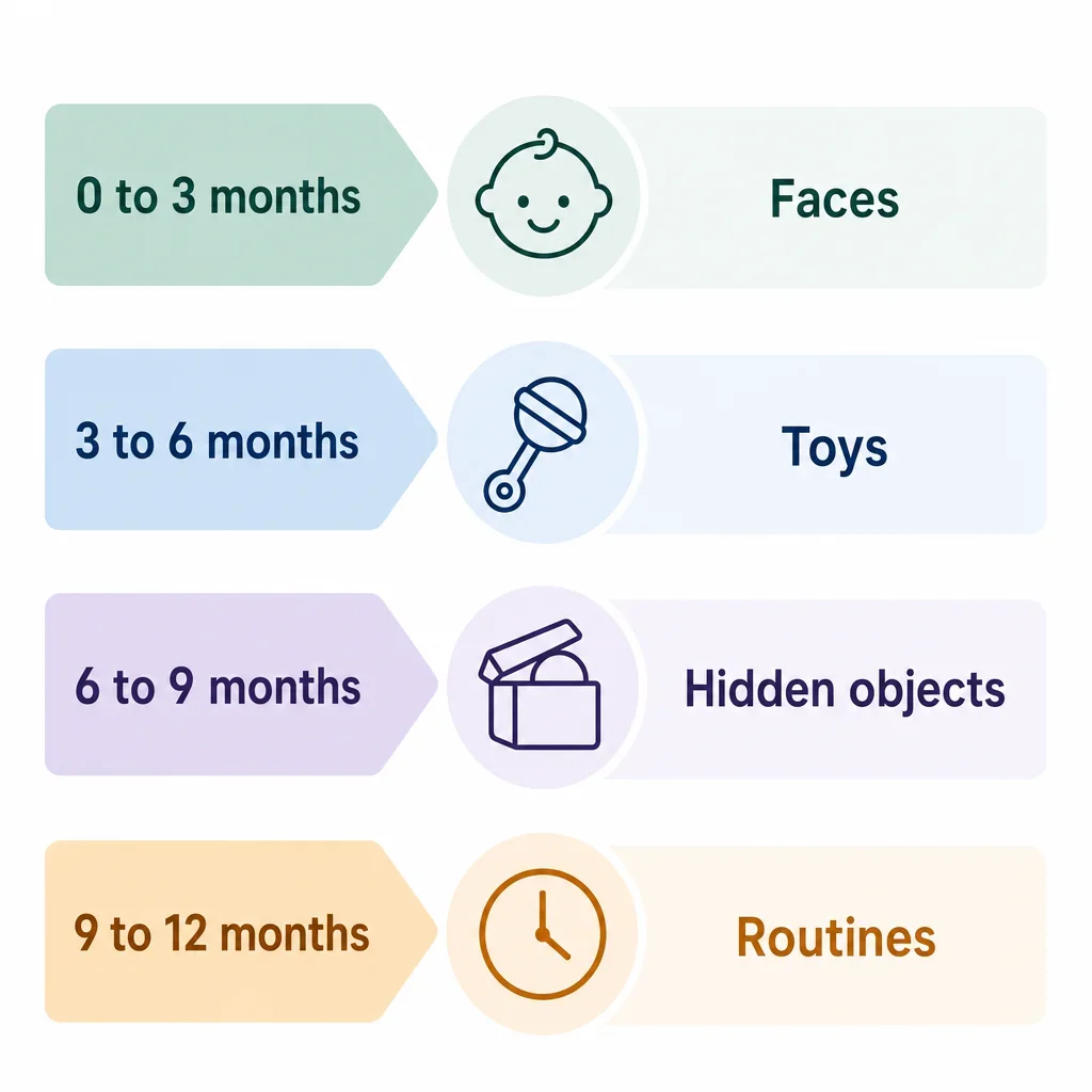 Minimal milestone timeline infographic showing infant cognitive development from 0 to 12 months.
