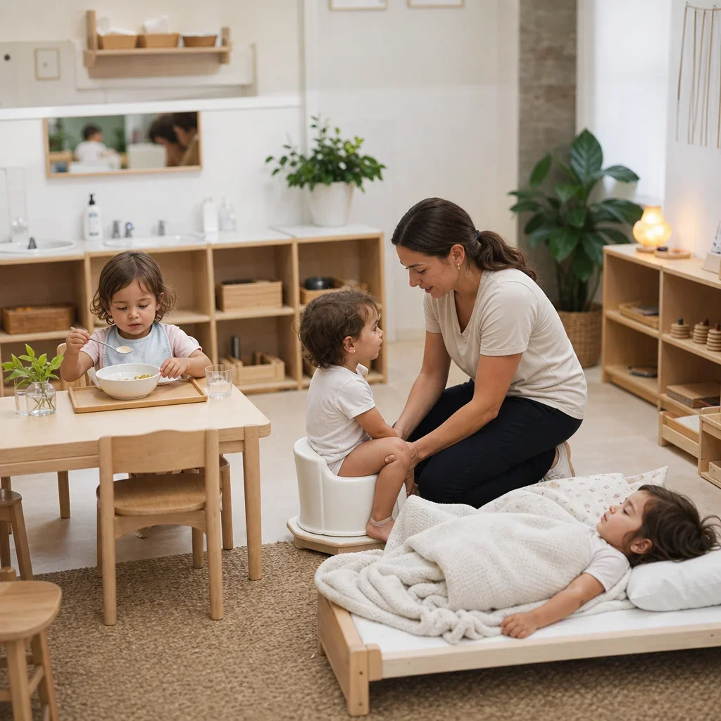 Childcare routines including meals, rest, handwashing, and toileting support in a toddler classroom.