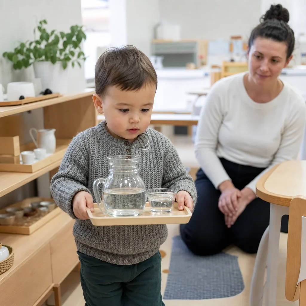 Toddler practicing an independent Montessori practical life activity.