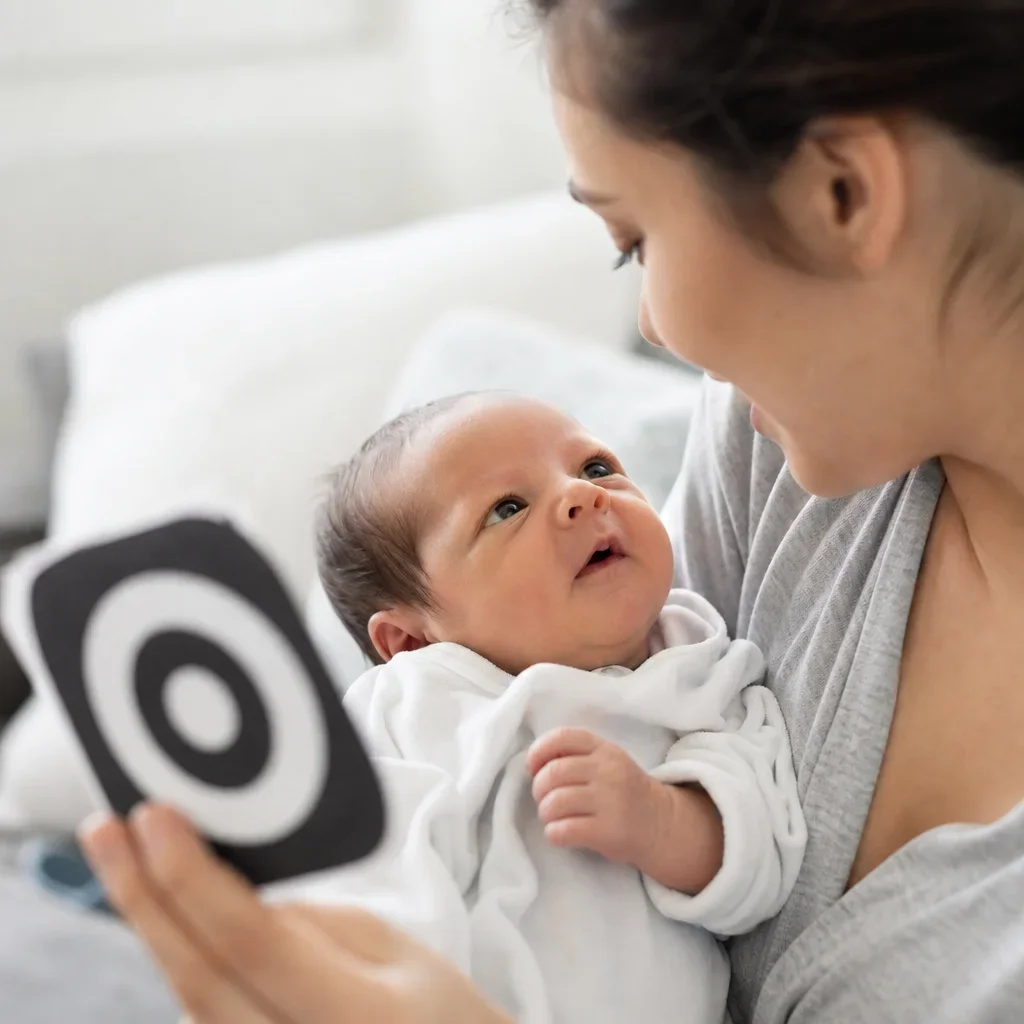 Newborn gazing at a caregiver during a quiet face-to-face routine.
