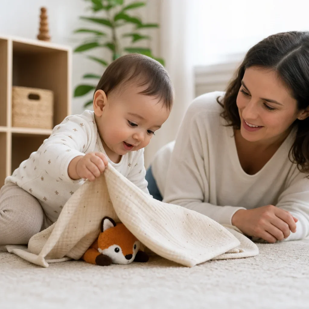 Infant lifting a cloth to find a hidden toy on the floor.