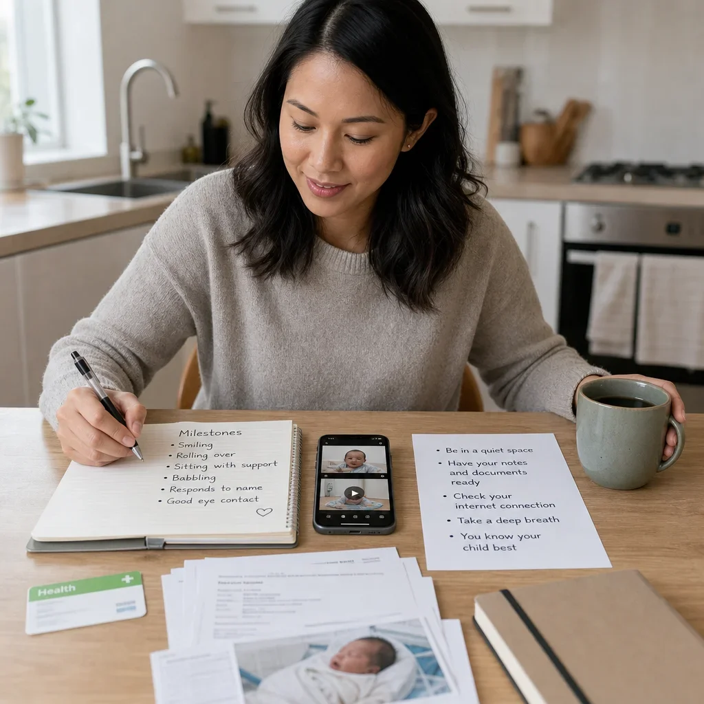 Parent organizing notes and documents before calling an early intervention program.