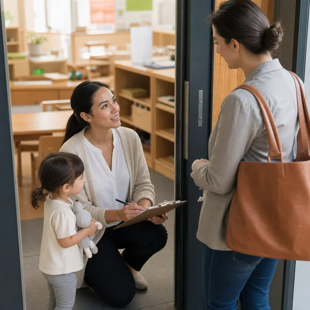 An educator giving a parent a clear update at pickup time.