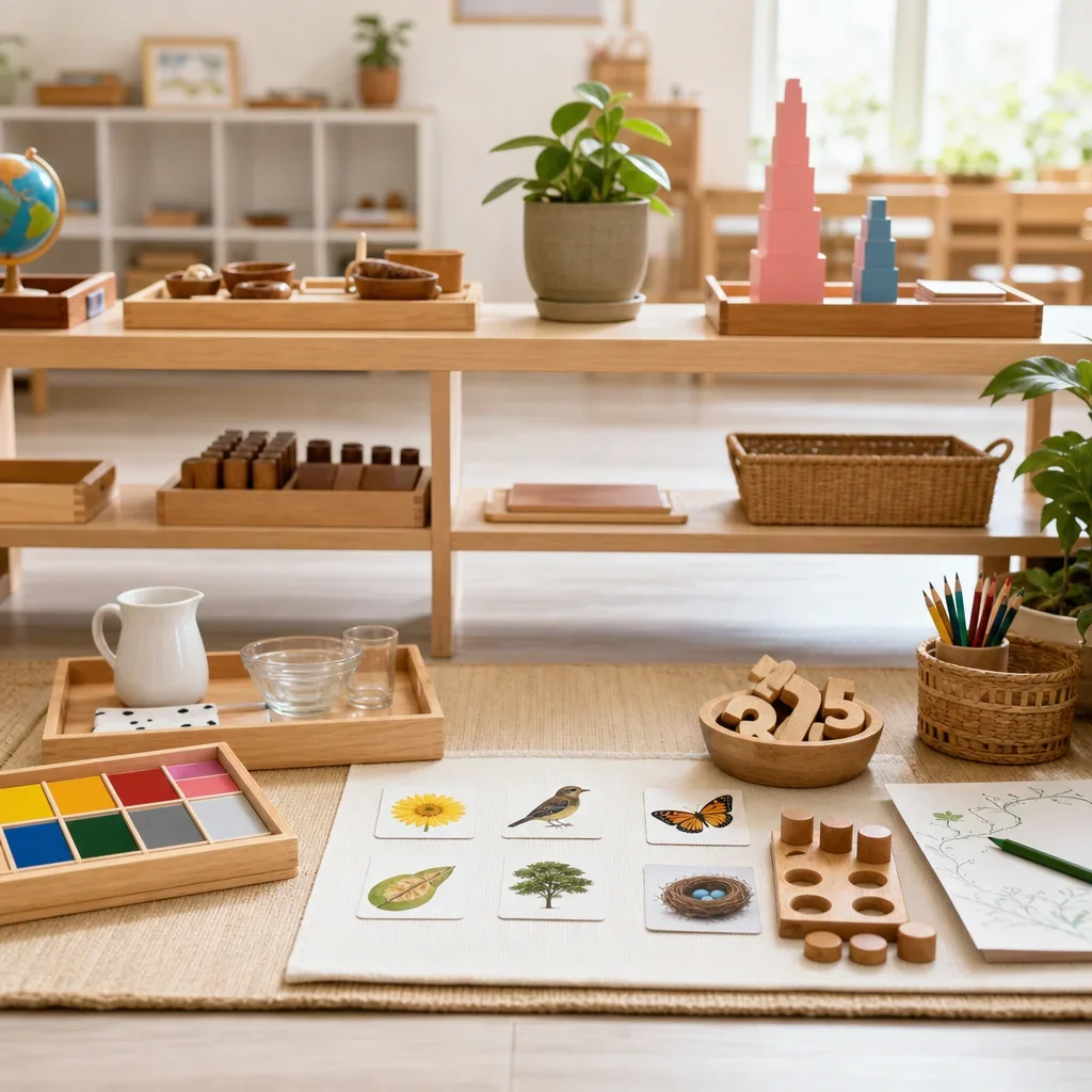Montessori toddler curriculum materials arranged in a prepared classroom.