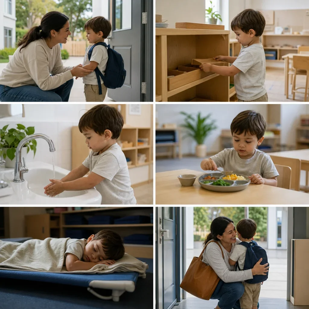 A toddler's Montessori day showing arrival, work, lunch, rest, and pickup.